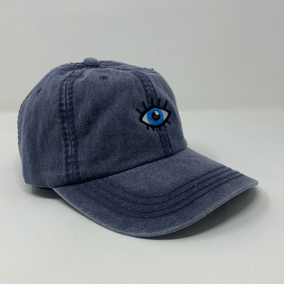 Navy Pigment Dyed - Evil Eye Embroidered 6 Panel Pigment Dyed Baseball Dad Hat - Picture 2 of 3